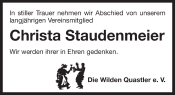 Traueranzeige von Christa Staudenmeier von Pegnitz-Zeitung